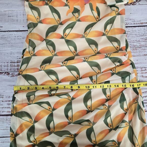 Farm Rio Mesh Midi Dress S Yellow Green Orange Sun Print Pockets Ruch Slits Line - Picture 14 of 16